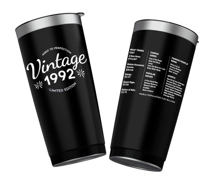 Photo 1 of 20 oz Double-sided Vintage 1992 Coffee Tumbler Cup With Old Time Information, 30th Birthday Gifts for Women Men Parents, 30th Birthday Decoration, 30th Vacuum Cup with Lid Black