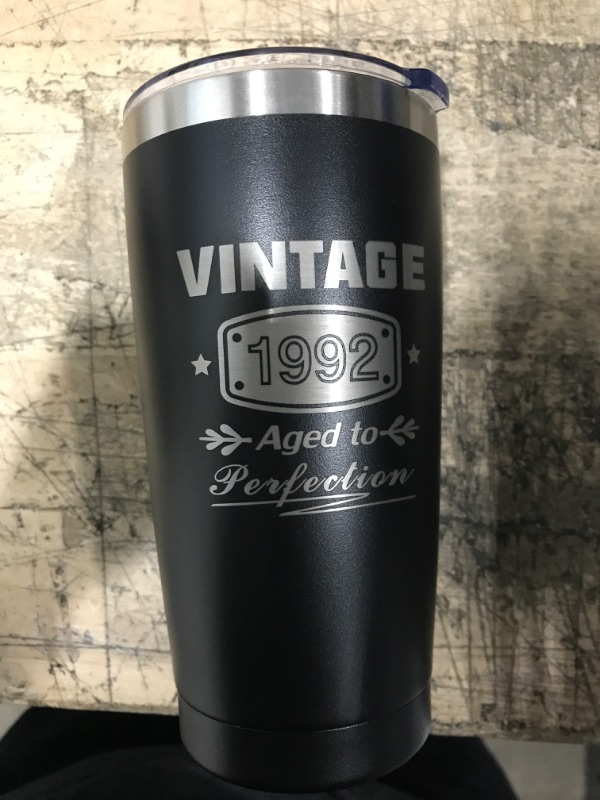 Photo 2 of 20 oz Double-sided Vintage 1992 Coffee Tumbler Cup With Old Time Information, 30th Birthday Gifts for Women Men Parents, 30th Birthday Decoration, 30th Vacuum Cup with Lid Black