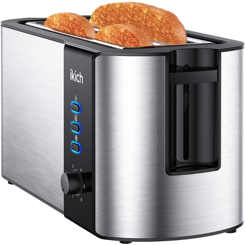 Photo 1 of IKICH 4-Slice Toaster, 2 Long Slots, Stainless Steel, Warming Rack, 6 Settings, Defrost/Reheat/Cancel, Removable Crumb Tray, 1300W