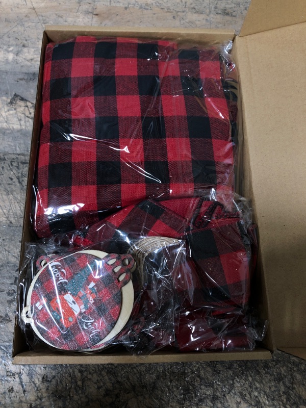 Photo 2 of 14 Pcs Christmas Decorations Buffalo Plaid Christmas Tree Topper Bow Christmas Tree Skirt and 12 Pcs Christmas Wooden Hanging Ornaments Red Truck Xmas Decor (Red and White)