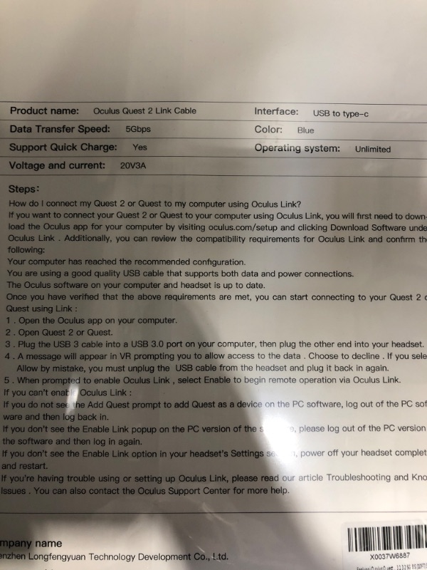 Photo 2 of 2 Fanluoqi Link Cable 10 FT Compatible with Quest2 Accessories and PC/Steam VR?Supports fast charging High Speed PC Data Transfer,USB 5Gbps Cable for VR Headset and Gaming PC