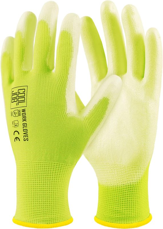 Photo 1 of   Safety Work Gloves with Grip, Ultra-lite PU Coated Polyurethane Working Gloves for Men Women, 13 Gauge Seamless Knit for Warehouse Driver Worker, Bulk Pack Package, Small Yellow
