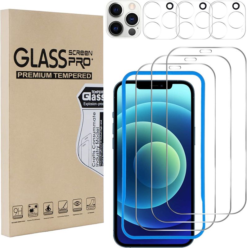 Photo 1 of [3+3 Pack] Tempered Glass Screen Protectors and Camera Lens Protector for iPhone 12 Pro Max 6.7 inch, [Anti-Scratch], [9H Hardness], [Anti-Fingerprint], [Easy Install], [Bubble Free], [Ultra-Thin]     2 packs
