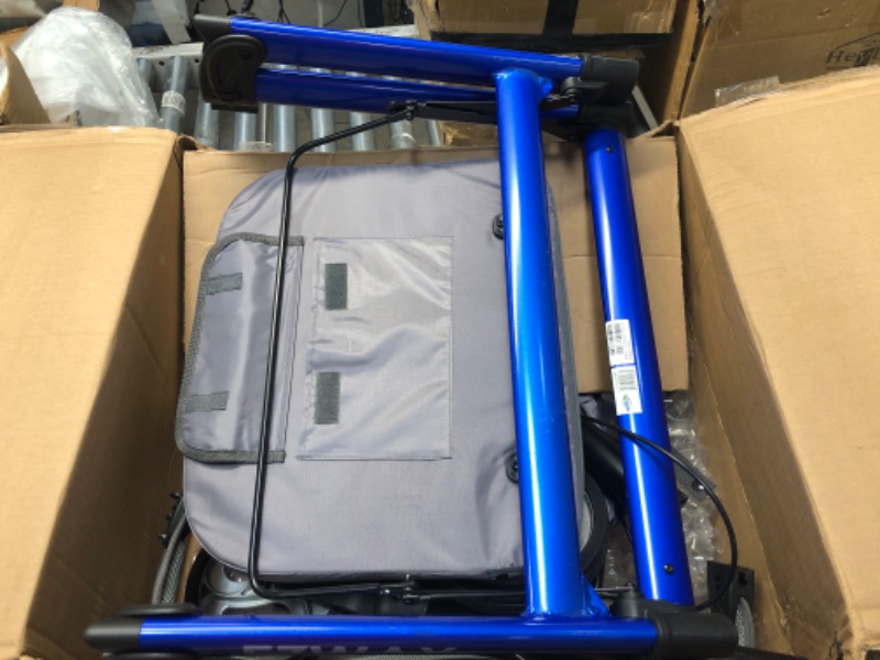 Photo 2 of (*SEE NOTES FOR DETAILS*) Healthline Heavy Duty Extra Wide Bariatric Aluminium Rollator 450LB with Large Padded Seat & Extra Wide Basket, 4 Wheel Folding Walker for Tall Person (Blue)