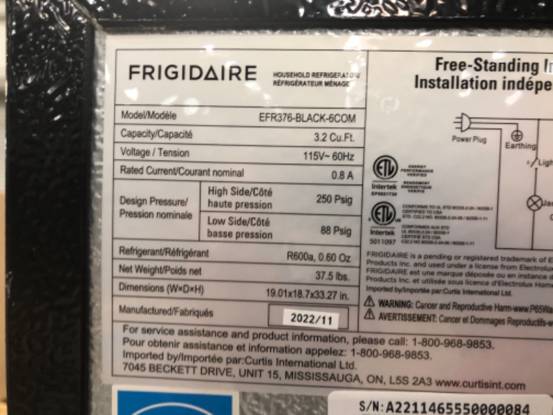 Photo 2 of (*SEE NOTES FOR DETAILS*)FRIGIDAIRE EFR376-BLACK 3.1 Cu Ft Black Retro Bar Fridge with Side Bottle Opener BLACK Single Door Fridge