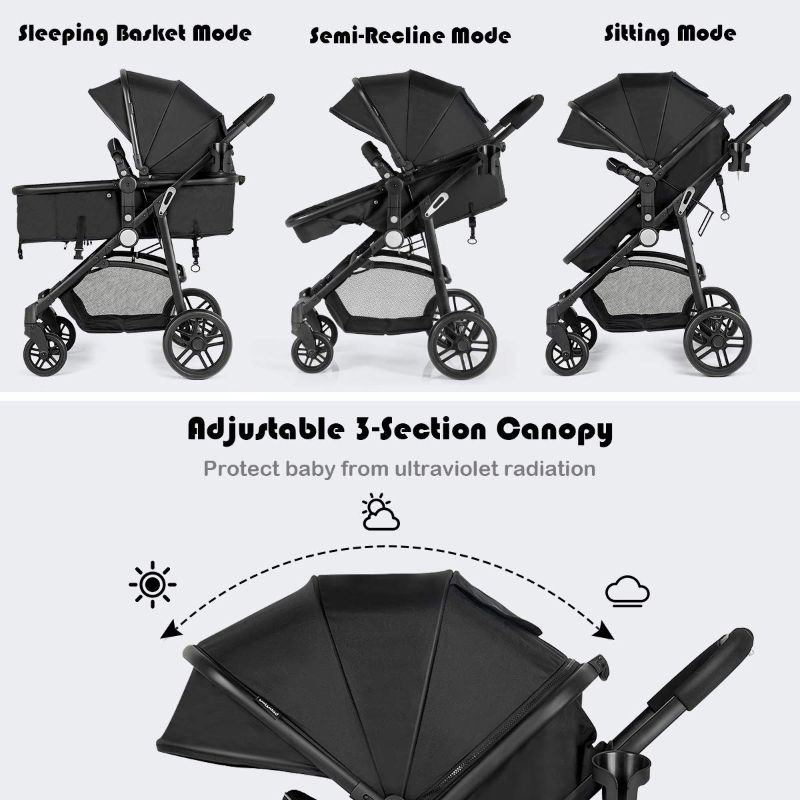 Photo 1 of BABY JOY Baby Stroller, 2 in 1 Convertible Carriage Bassinet to Stroller, Pushchair with Foot Cover, Cup Holder, Large Storage Space, Wheels Suspension, 5-Point Harness (Black)