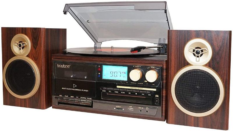 Photo 1 of MISSING ONE SPEAKER*
Boytone BT-28SPM, Bluetooth Classic Style Record Player Turntable with AM/FM Radio, CD / Cassette Player, 2 Separate Stereo Speakers
