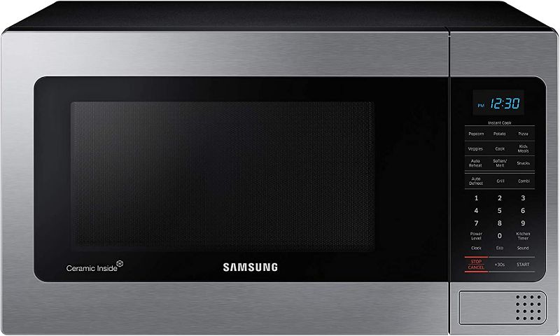 Photo 1 of ***TESTED/ TURNS ON// SIDE FALLING APART***  SAMSUNG 1.1 Cu Ft Countertop Microwave Oven w/ Grilling Element, Ceramic Enamel Interior, Auto Cook Options, 1000 Watt, MG11H2020CT/AA, Stainless Steel, Black w/ Mirror Finish
