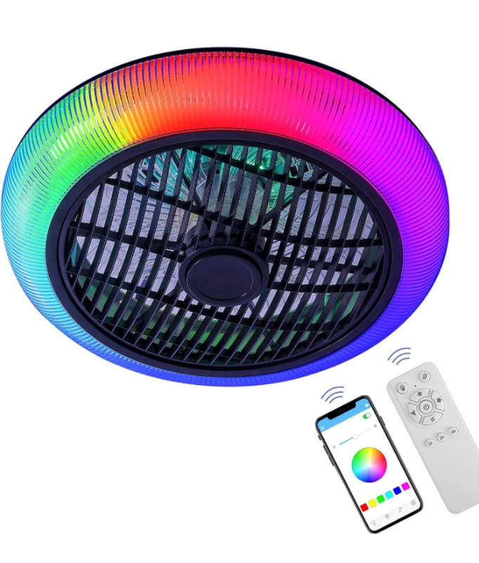 Photo 1 of COCOSTAR RGB Ceiling Fan with Lights Remote Control, Kids Ceiling Fan with Lights App Control, Bladeless Ceiling Fan with Bluetooth Speaker and Lights, Ambient Lighting Suitable for Party, 18 in