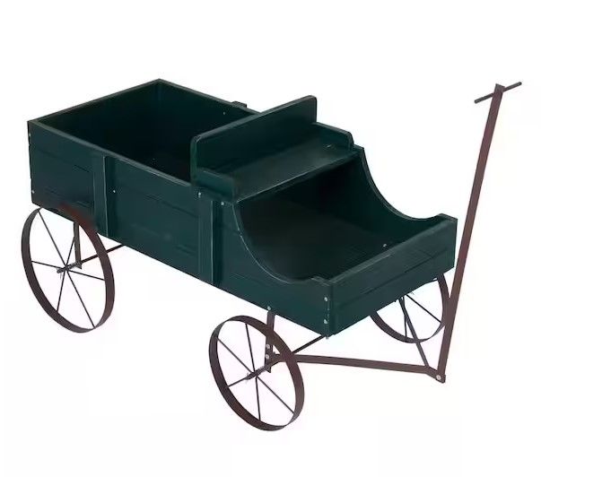 Photo 1 of 52 in. L Green Cedar Wood Buckboard Amish Wagon Decorative Garden Planter
