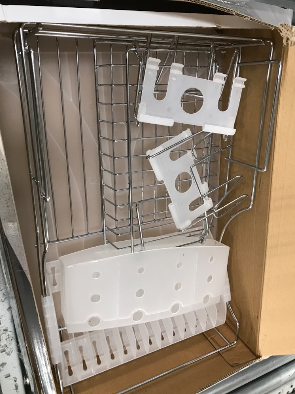 Photo 2 of 2-Tier 23 Inch Chrome Plated Steel Dish Drying Rack with Cutlery Holder and Glass Holders (White)