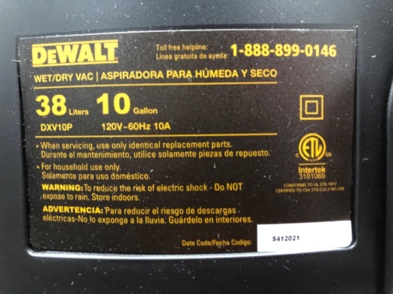 Photo 3 of *SEE NOTES FOR MORE DETAILS* DEWALT DXV10P 10 Gallon Quiet Poly Wet Dry Vacuum Yellow & Cartridge Filter-HEPA 6-16 gal Wet Dry Vacuum + Filter