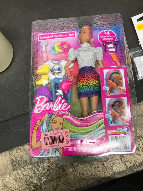 Photo 2 of Barbie Leopard Rainbow Hair Doll (Brunette) with Color-Change Hair Feature, 16 Hair & Fashion Play Accessories Including Scrunchies, Brush, Fashion Tops, Cat Ears, Cat Purse & More