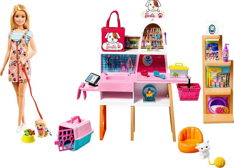 Photo 1 of Barbie Doll and Playset, Pet Boutique with 4 Pets, Color-Change Grooming Feature and 20+ Themed Accessories