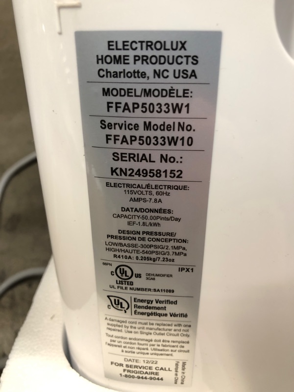 Photo 5 of **NEW**  Frigidaire FFAP5033W1 Dehumidifier, High Humidity 50 Pint Capacity with Built-In Pump and a Easy-to-Clean Washable Filter, in White