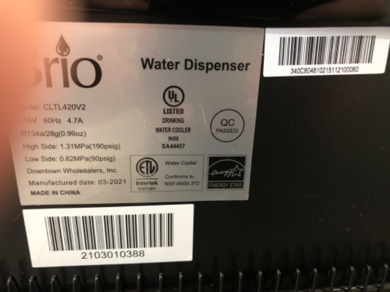 Photo 5 of **USED**   Brio Essential Series Top Loading Water Cooler Dispenser - Tri Temp Dispense, Child Safety Lock, Holds 3 or 5 Gallon Bottles - UL/Energy Star Approved