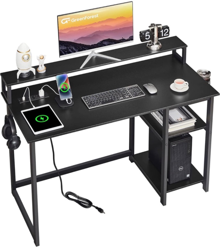 Photo 1 of GreenForest Computer Desk with USB Charging Port and Power Outlet, Home Office Desk with Monitor Stand and Reversible Storage Shelves for Small Space, 47 inch Work Desk with Cup Holder and Hook, Black