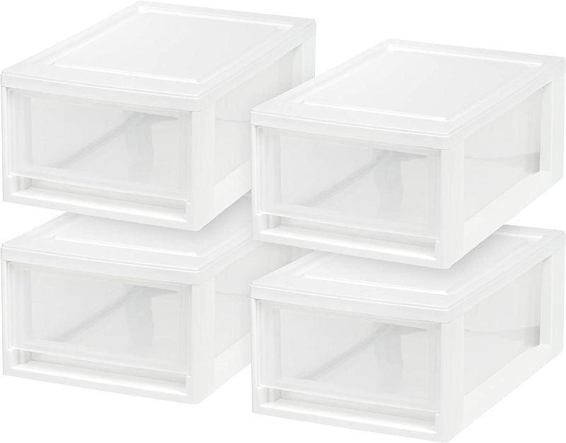Photo 1 of **MISSING ONE BASE**IRIS USA 6 Quart Compact Stacking Storage Drawer, Plastic Drawer Organizer with Clear Doors for Undersink, Kitchen, Pantry, Desk, and Home De-Clutter, Store Shoes and Craft Supplies, 4-Pack, White
