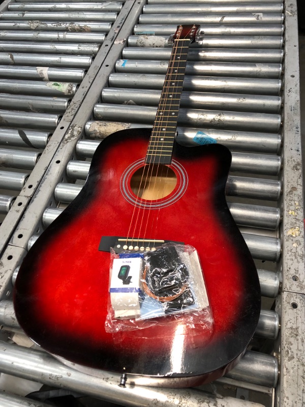 Photo 3 of **MISSING STAND**Master-play Beginner Full Size 41” Wood Cutaway All String Acoustic Guitar, With Bonus Accessories Kit; Case, Strap, Capo, Extra Strings, Picks, Tuner, Wash Cloth, Stand (Redburst)
