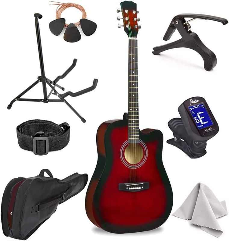 Photo 1 of **MISSING STAND**Master-play Beginner Full Size 41” Wood Cutaway All String Acoustic Guitar, With Bonus Accessories Kit; Case, Strap, Capo, Extra Strings, Picks, Tuner, Wash Cloth, Stand (Redburst)
