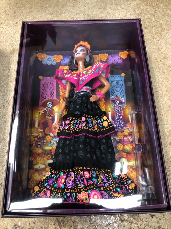 Photo 2 of Barbie 2021 Dia De Muertos Doll (11.5-in) Wearing Traditional Embroidered Dress, Flower Crown & Calavera Face Paint, Gift for Collectors