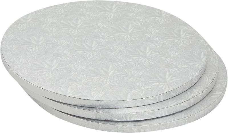 Photo 1 of 12 Inch Cake Drum, Silver Round Boards Cardboard for Wedding (1/2 Inch Thick,  5 Pack) 
