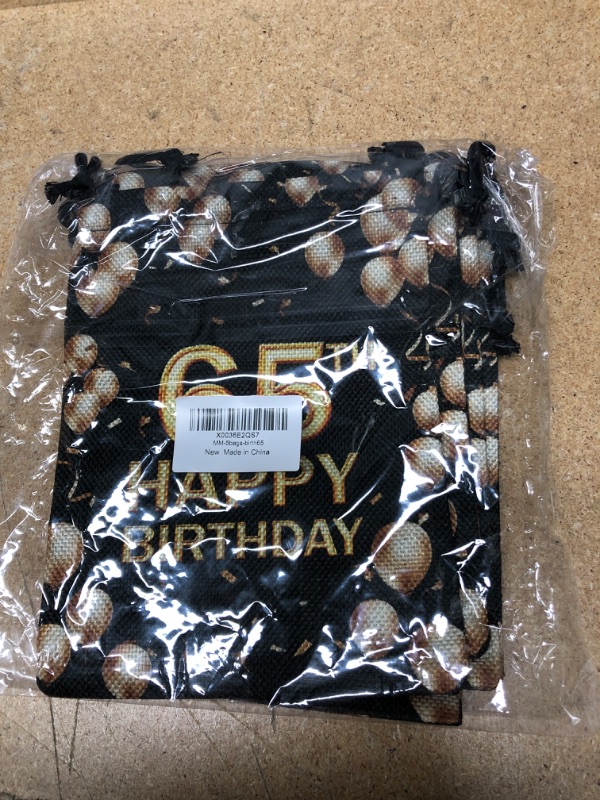 Photo 2 of 65th Happy Birthday Gift Bags, Gift Bags for Birth Date, Pouches with Drawstring With Black Background And Golden Balloons, Party Favors, Set of 5 (birth65)