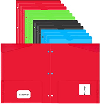 Photo 1 of Tashkummy 16 Packs Plastic 2 Pockets Folder with Clear Front Pocket,Pocket Folders with 3 Hole for Letter Size Paper, 2 Business Card Slot and 2 Stay-Put Tabs with Pen Slot, 4 Colors
