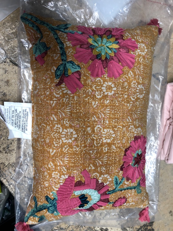 Photo 2 of **bottom left tassle missing**
rectangular  Floral Embroidered Decorative Throw Pillow Dark Gold/Vibrant Pink - Threshold™
