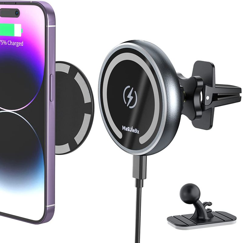 Photo 1 of Magnetic Wireless Car Charger for Magsafe Mount iPhone 14 Pro Max,13, 12, Pro Max, Mini,Airpods3, QI 15 W Car Charging, Stick On Car Dashboard and Air Vent Car Phone Holder