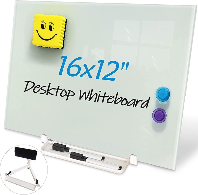 Photo 1 of ZHIDIAN Magnetic Glass Whiteboard Desktop 16x12" Portable Tempered Glass Dry Erase Board Panel & Adjustable White Stand with Pen Tray, Tabletop Small Glass Writing Board Easel for Desk Office Home