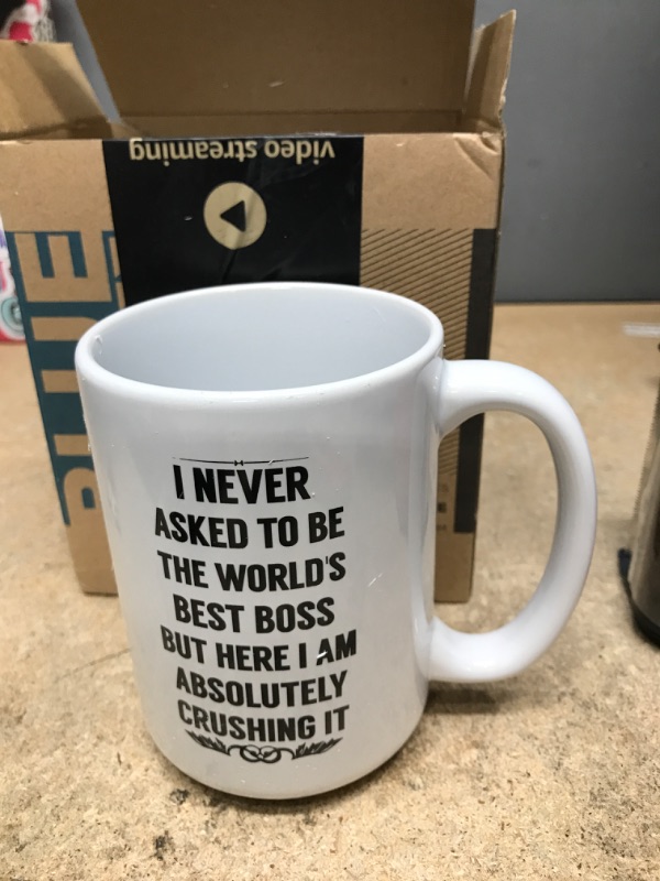 Photo 2 of Boss Gifts ''I NEVER ASKED TO BE THE WORLD'S BEST BOSS'' Coffee Mug - Best Boss Christmas Gifts for Men, Women- 15 oz Funny Coffee Mug, Present Idea for Male, Female, Bosses, Coworkers White 15.0 ounces
