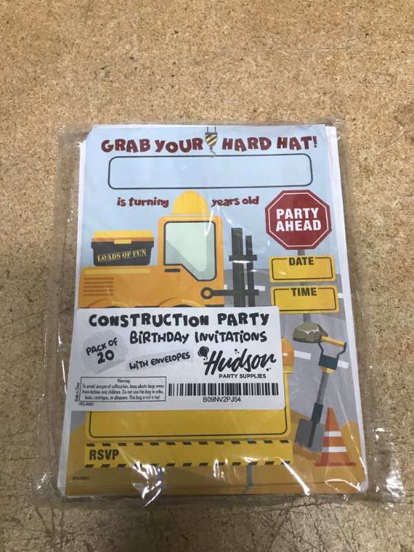 Photo 2 of Construction Birthday Party Invites with Envelopes - (Pack of 20) - Construction Truck Party Invitations for Boys, Girls, Toddlers, Children. Construction Party Supplies. Fill In Style.