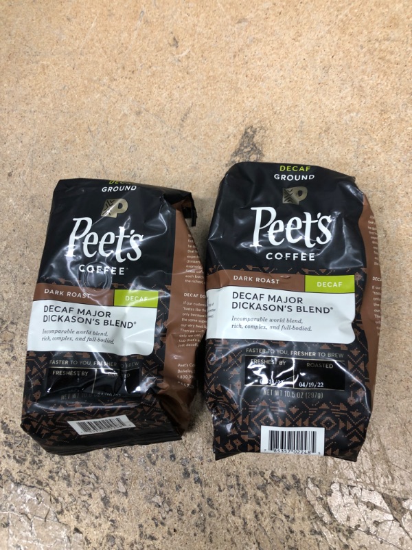 Photo 1 of Peet's Coffee, Dark Roast Decaffeinated Ground Coffee - Decaf Major Dickason's Blend 10.5 Ounce Bag Decaf Major Dickason's 10.5 Ounce (Pack of 2) FRESHEST BY JULY 2022