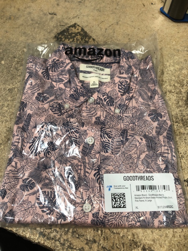 Photo 2 of Goodthreads Men's Standard-Fit Short-Sleeve Printed Poplin Shirt X-Large Pink, Parrot Print