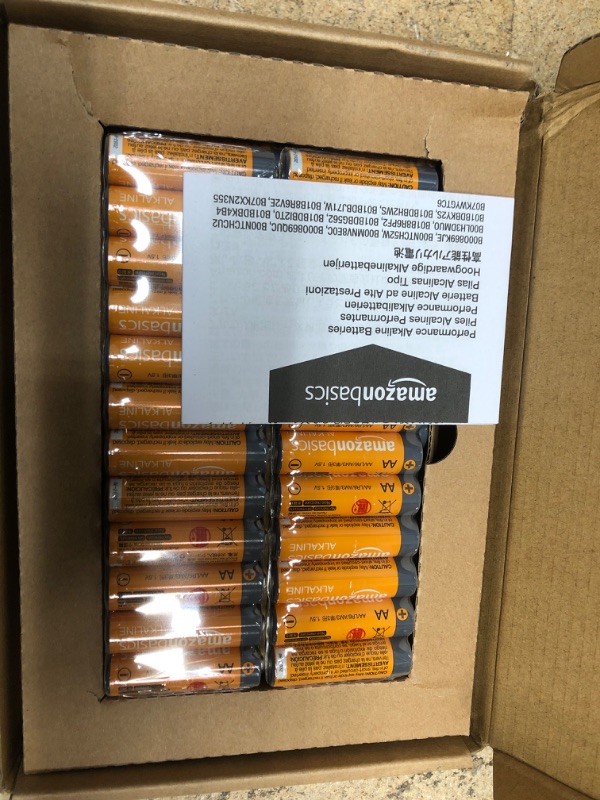 Photo 1 of Amazon Basics 48 Pack AA High-Performance Alkaline Batteries, 10-Year Shelf Life, Easy to Open Value Pack 48 Count (Pack of 1)