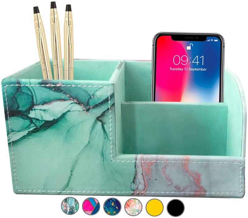 Photo 1 of French KOKO PU Leather Desk Organizer Cute Pen Holder Office Pencil Holders Organizers Table Top Desktop Desk Accessories Kids Teen Girls Work School Storage Office Supplies Decor Office Organization Office Decor for Women Men (Marble-lous Teal