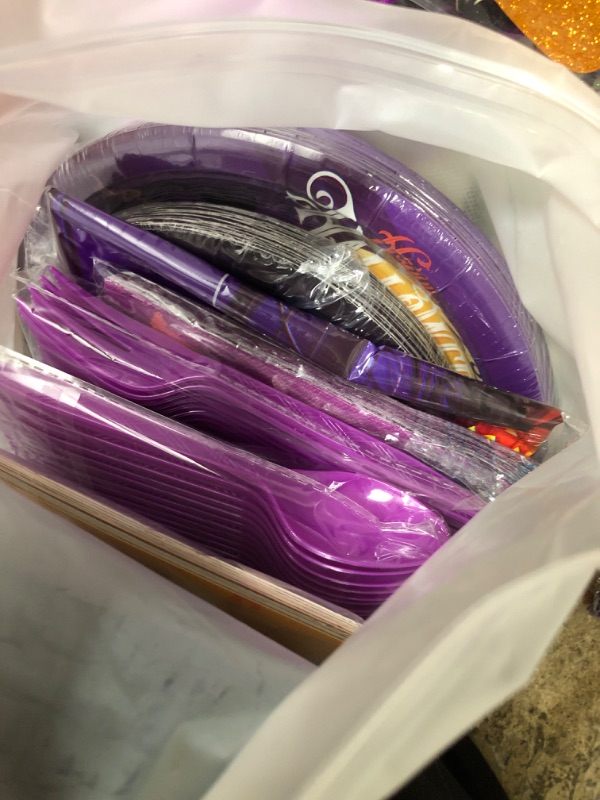 Photo 1 of 185 Pcs Halloween Witch Party Supplies Tableware Set-Happy Birthday Halloween Plates Cups Napkins Tablecloth Spoons Forks Knives ect Halloween Party Supplies for Kids & Adults (Purple)