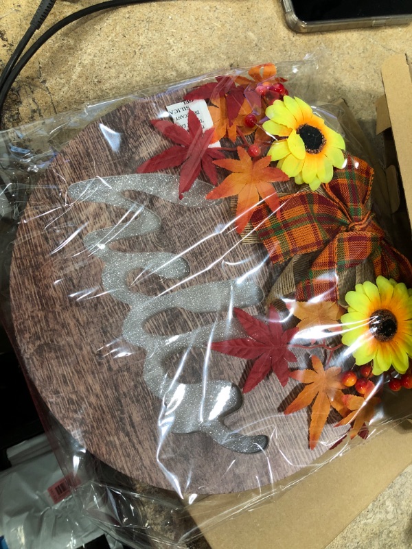 Photo 2 of [ Timer ] Prelit Thanksgiving Wreath Hello Sign for Front Doorations, Fall Decorations for Home Battery Operated Maple Leaves Sunflower Wood Hanging Sign for Fall Autumn Decor Porch Home Outdoor Decor