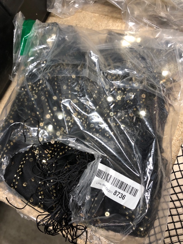 Photo 3 of **USED/POSSIBLE MISSING ITEMS**    PLULON 1920s Sequin Beaded Fringed Flapper Dress with 20s Accessories Set Black and Gold Large