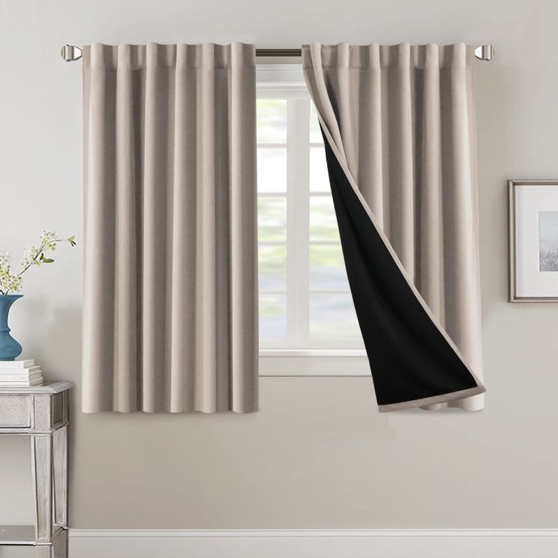 Photo 1 of 100% Blackout Curtains for Bedroom with Black Liner Full Room Darkening Curtains 54 Inches Long Thermal Insulated Back Tab/Rod Pocket Window Treatment Drapes for Living Room, Natural Sand, 2 Panels