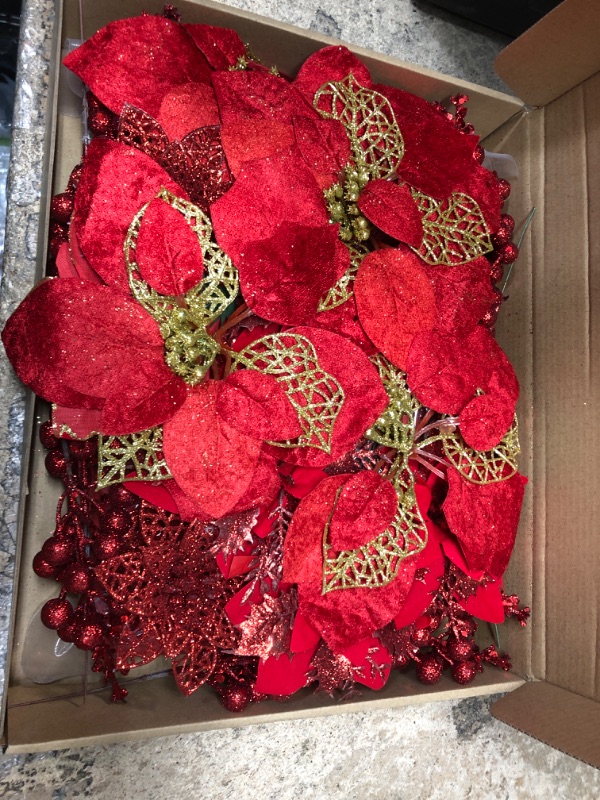 Photo 2 of **NEW**  Youyole Christmas Tree Decorating Set Includes 34 Pcs Poinsettia Glitter Flowers with Clip, Christmas Tree Decorations Skirt, Christmas Tree Topper Bow for Christmas Home Decoration (Red)