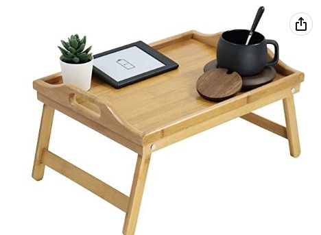 Photo 1 of 2 KKTONER Bamboo Bed Tray Table with Folding Legs Foldable Serving Portable Laptop Tray Snack Tray Breakfast Tray Bed Table Drawing Table
