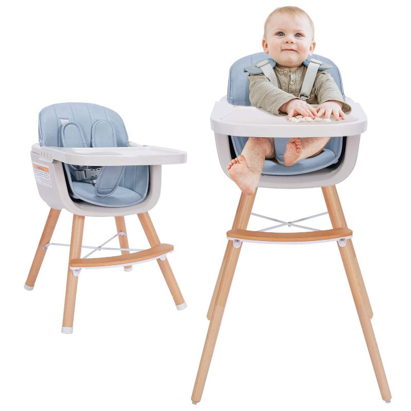 Photo 1 of 3-in-1 Wooden High Chair, Baby HighChair with Adjustable Legs & Dishwasher Safe Tray, Made of Sleek Hardwood & PU Leather , Blue Color
