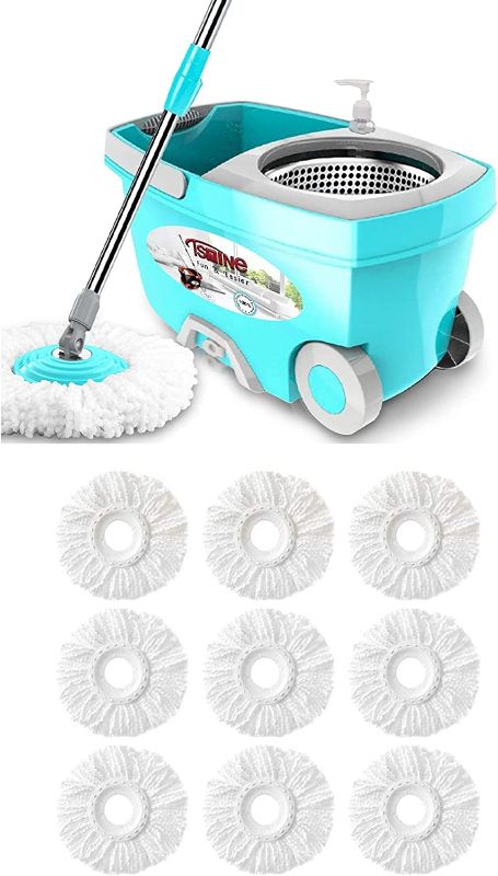 Photo 1 of *Used* Tsmine Spin Mop Bucket System Stainless Steel Deluxe 360 Spinning Mop Bucket Floor Cleaning System with 6 Microfiber Replacement Head Refills,61"Extended Handle, 2x Wheel for Home Cleaning - MINT
