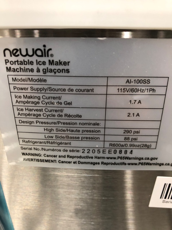 Photo 1 of NewAir Portable Ice Maker 28 lb. Daily - Countertop Compact Design, Ice in Under 10 Minutes, 3 Size Bullet Shaped Ice, LED Controls, Stainless with Black Lid | AI-100SS 28 lb. Ice Maker