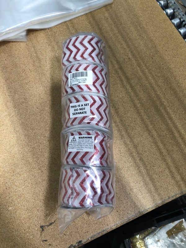 Photo 2 of CT CRAFT LLC Satin Chevron Wired Ribbon with Silver Edge - 50 Yards (2.5 Inch Wide 10Yards 5Rolls) WHITE/RED S 2.5" x 10y x 5R