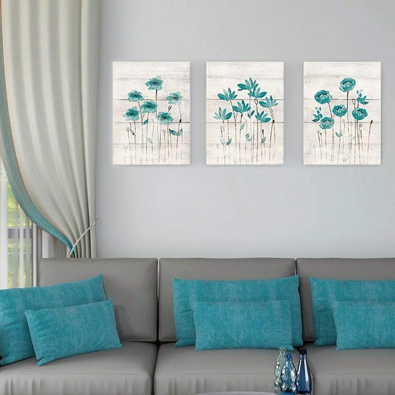 Photo 1 of 3 Pieces Teal Gray Flower Scandinavian Posters Pictures Canvas Wall Art Decorative Home Decor Paintings Decoration 45x68cm(18x27in)x3 Inner Frame Stretched and Ready to Hang
