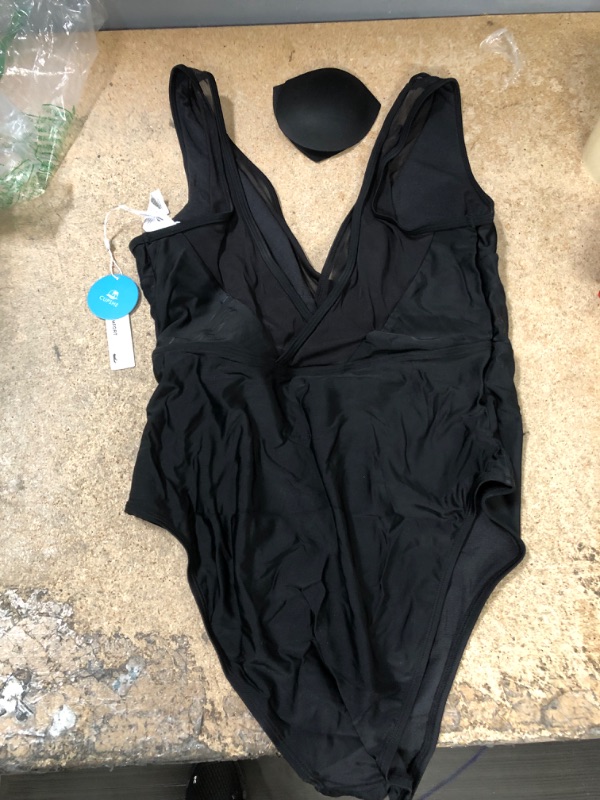 Photo 2 of CUPSHE One Piece Swimsuit for Woman Bathing Suit Mesh V Neck Crossciss Fixed Wide Straps Mid Cut Black Large