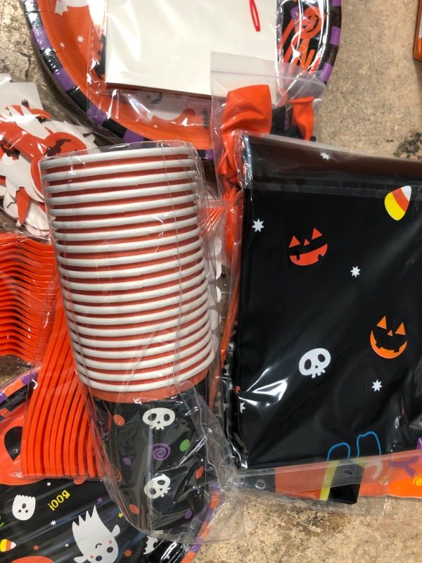 Photo 2 of Halloween Party Supplies Serves 20 Guests - 179 PCS Birthday Decorations Set Include Disposable Paper Plates, Napkins, Cups, Tablewares, Table Cover, Cupcake Wrappers Toppers, Banner, and Balloons